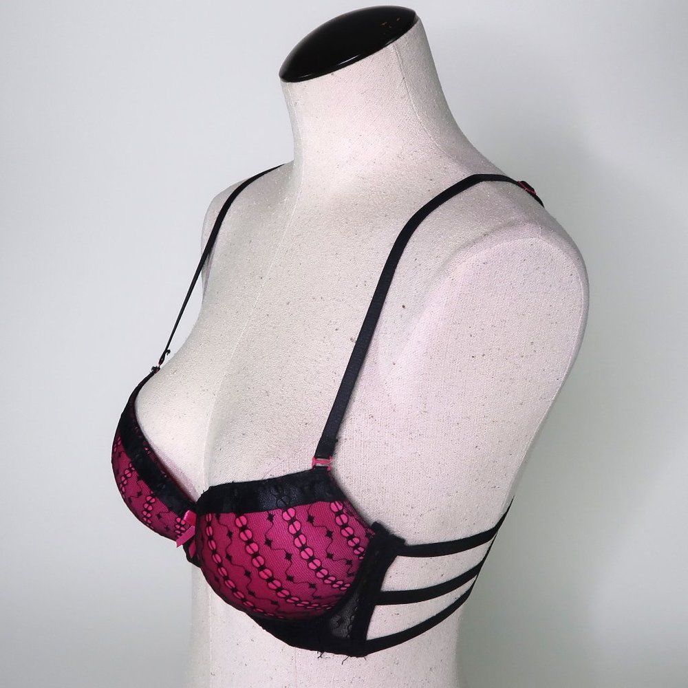 Black Fuchsia padded hot pink & black cage bra 34A